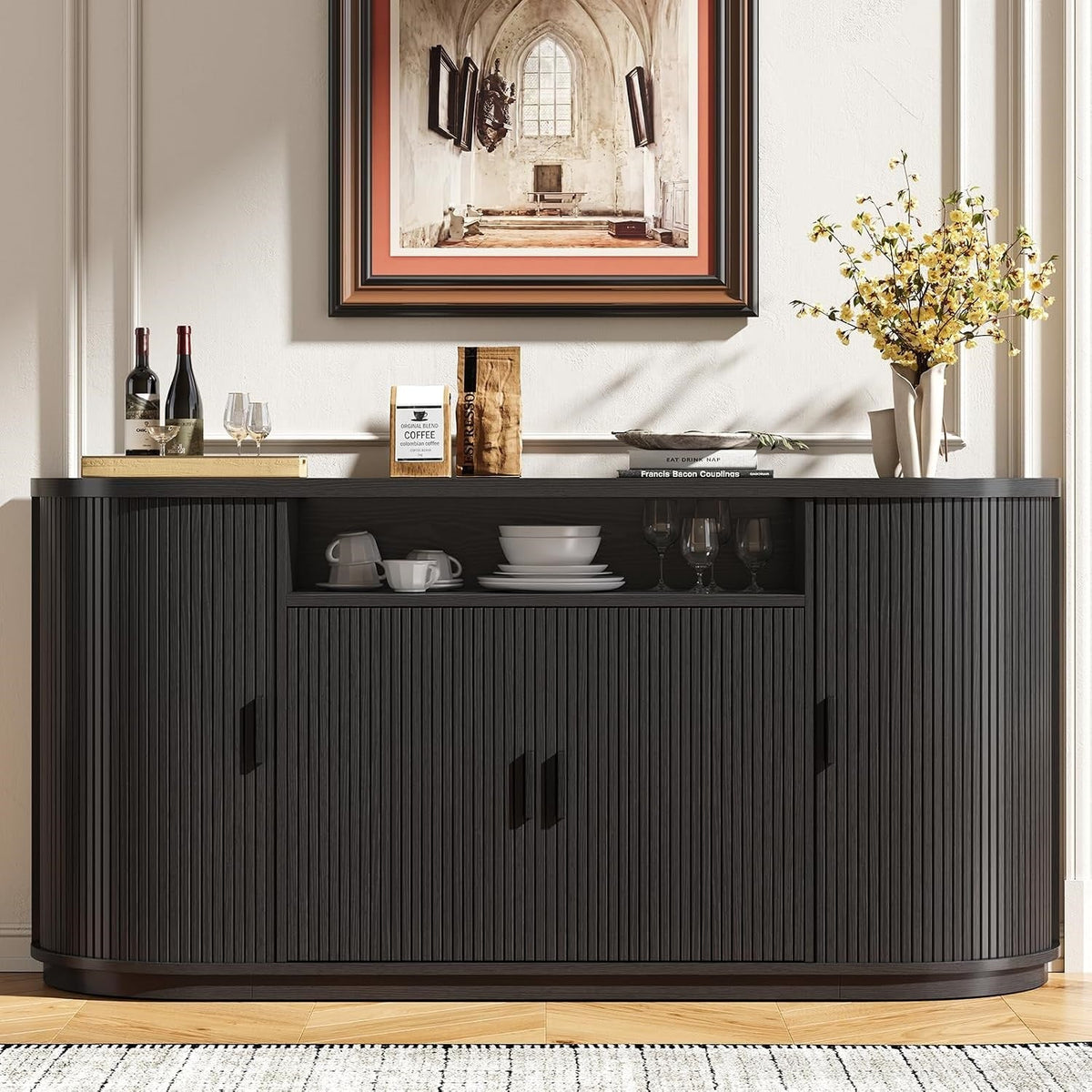 63 Inch Sideboard Buffet with Fluted Sliding Doors