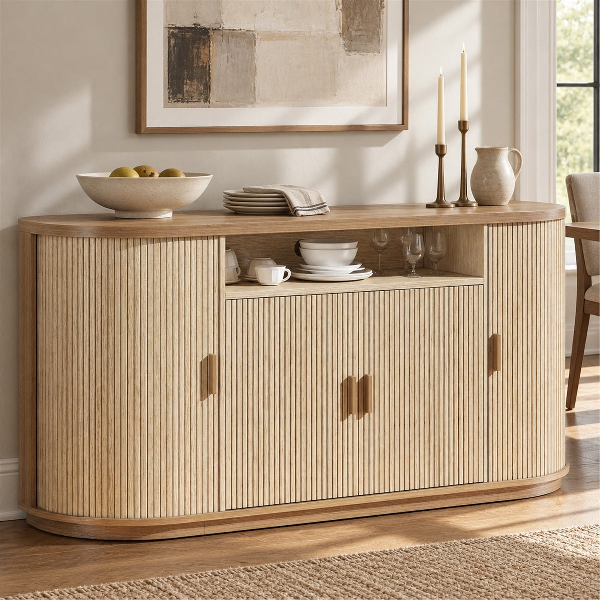 63 Inch Sideboard Buffet with Fluted Sliding Doors
