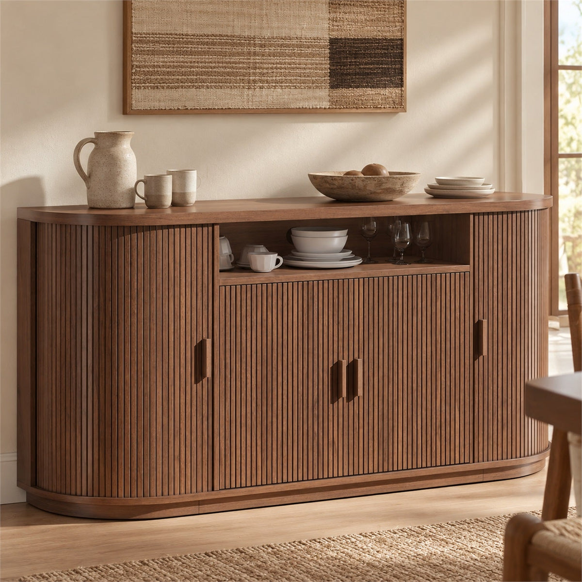 63 Inch Sideboard Buffet with Fluted Sliding Doors