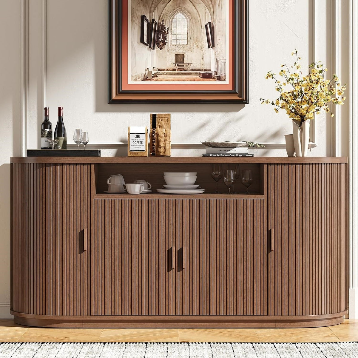 63 Inch Sideboard Buffet with Fluted Sliding Doors