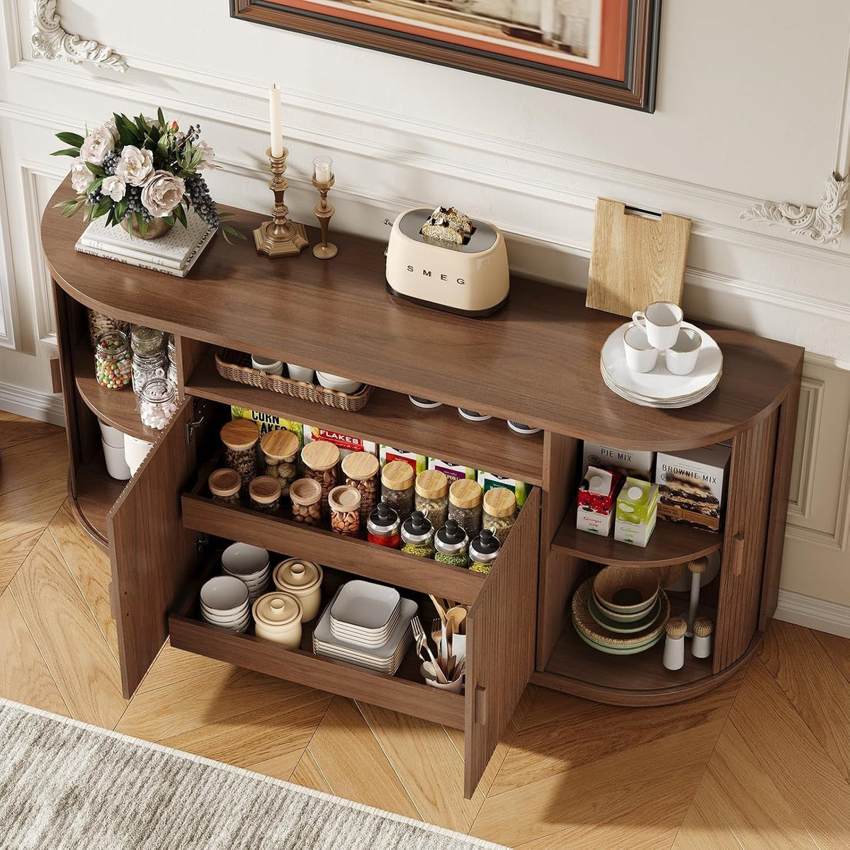63 Inch Sideboard Buffet with Fluted Sliding Doors