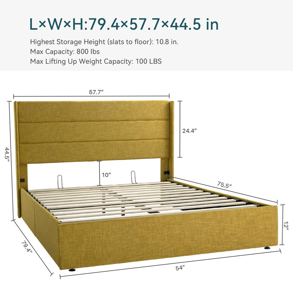 Lift Up Storage Bed Frame with Wingback Headboard