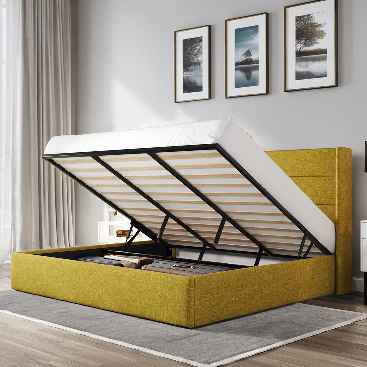 Lift Up Storage Bed Frame with Wingback Headboard