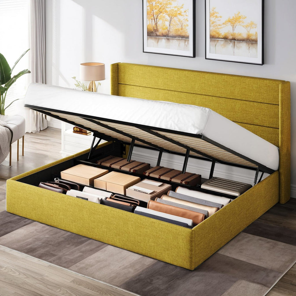 Lift Up Storage Bed Frame with Wingback Headboard