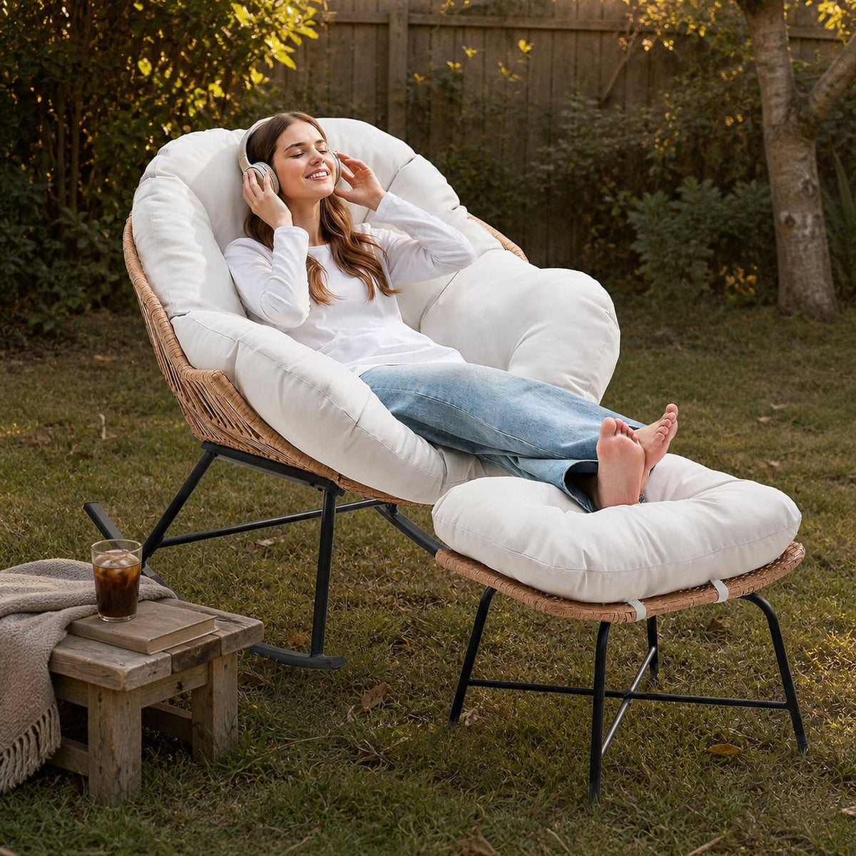 Papasan Rocking Chair with Ottoman and Padded Cushion