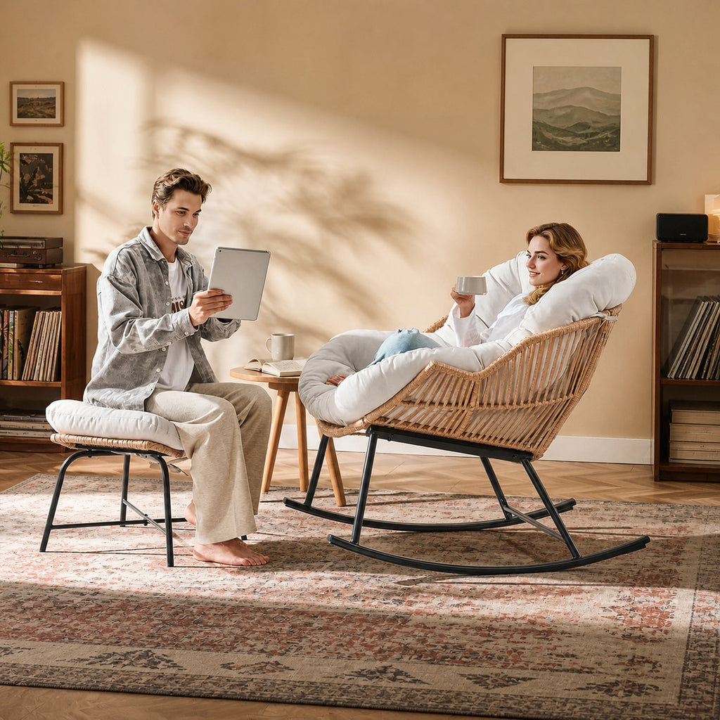 Papasan Rocking Chair with Ottoman and Padded Cushion