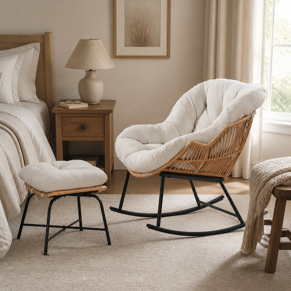 Papasan Rocking Chair with Ottoman and Padded Cushion