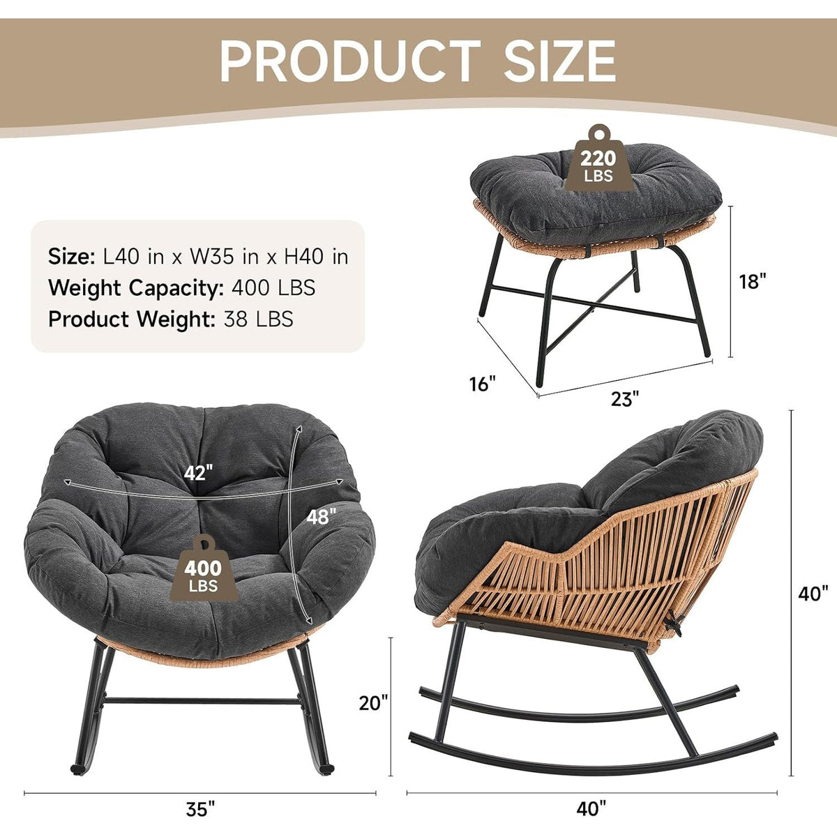 Papasan Rocking Chair with Ottoman and Padded Cushion