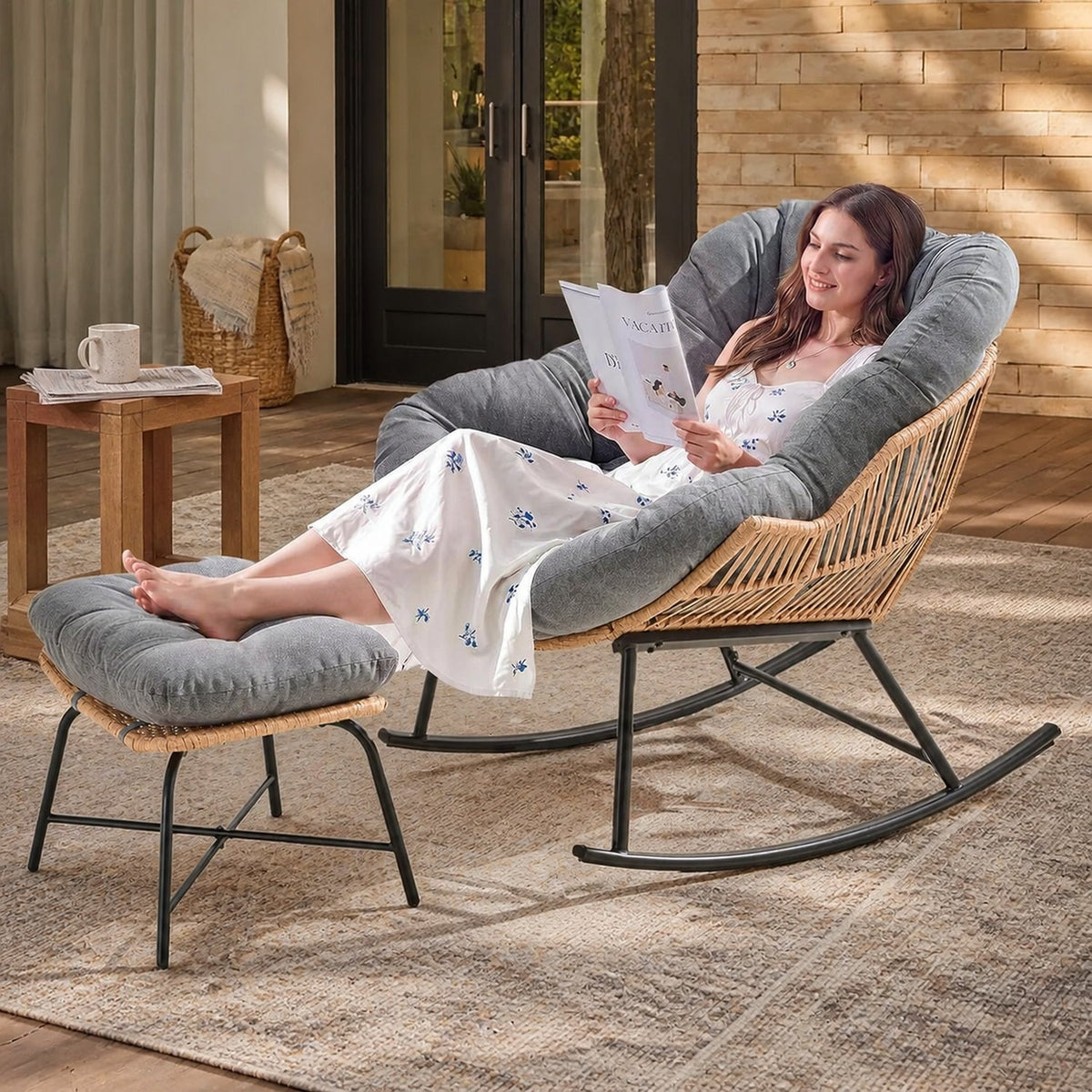 Papasan Rocking Chair with Ottoman and Padded Cushion