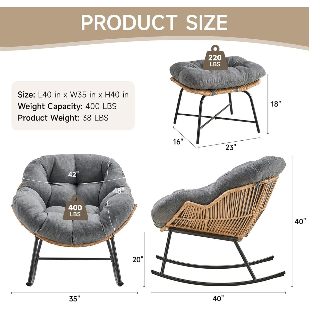 Papasan Rocking Chair with Ottoman and Padded Cushion