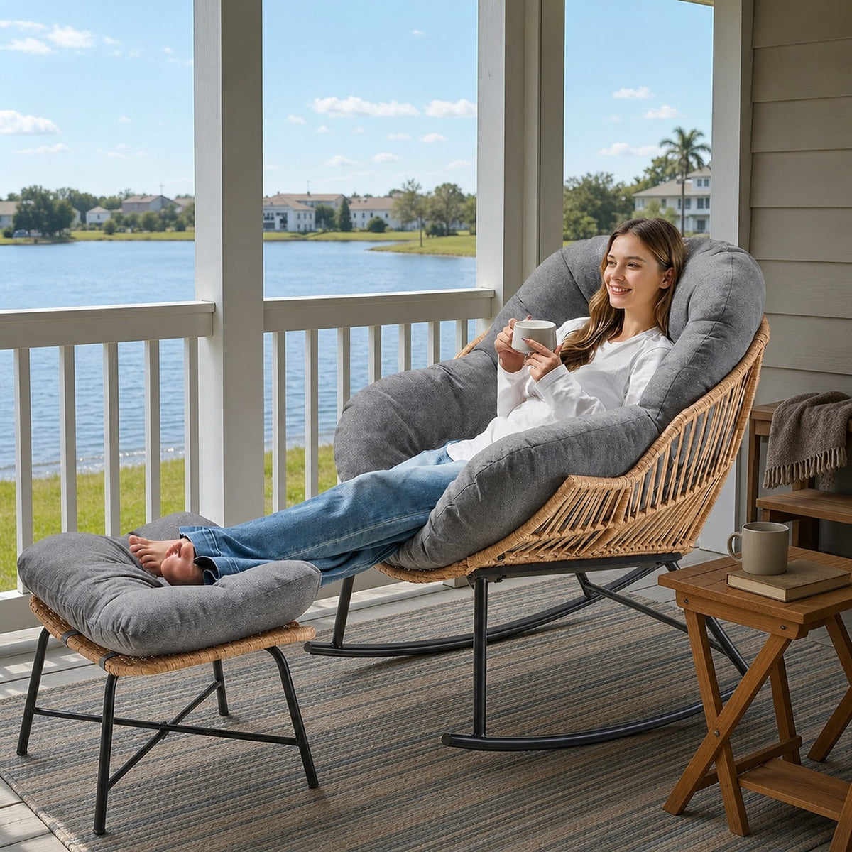 Papasan Rocking Chair with Ottoman and Padded Cushion
