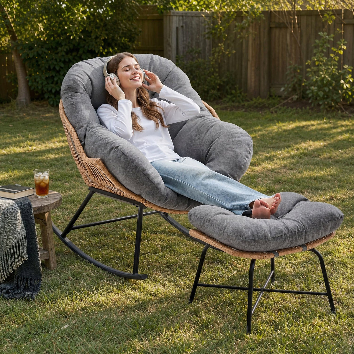 Papasan Rocking Chair with Ottoman and Padded Cushion