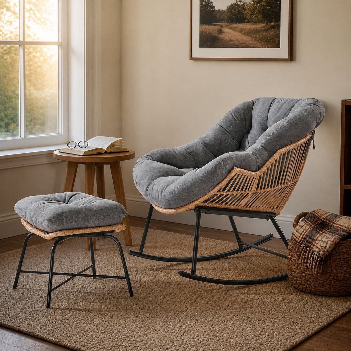 Papasan Rocking Chair with Ottoman and Padded Cushion