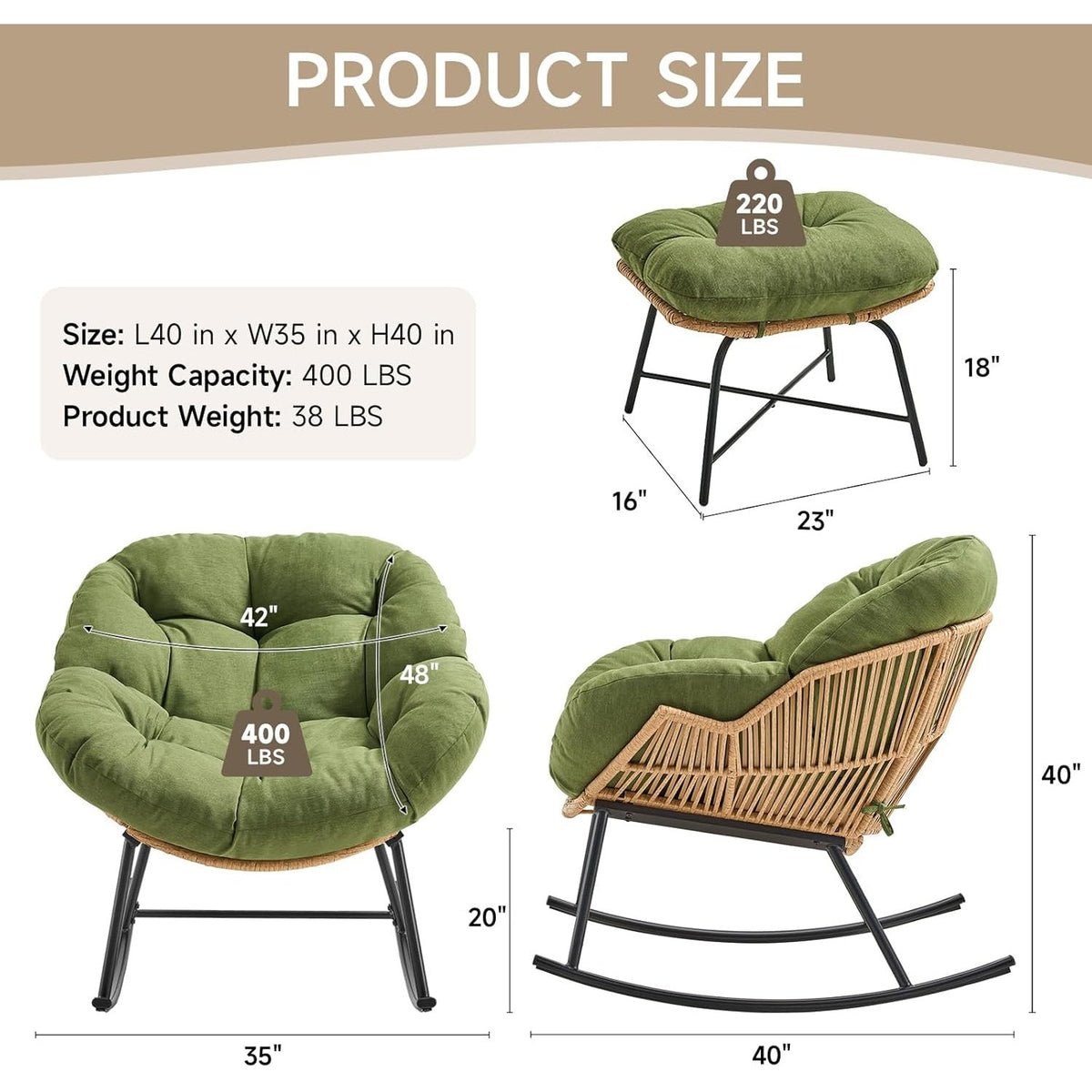 Papasan Rocking Chair with Ottoman and Padded Cushion