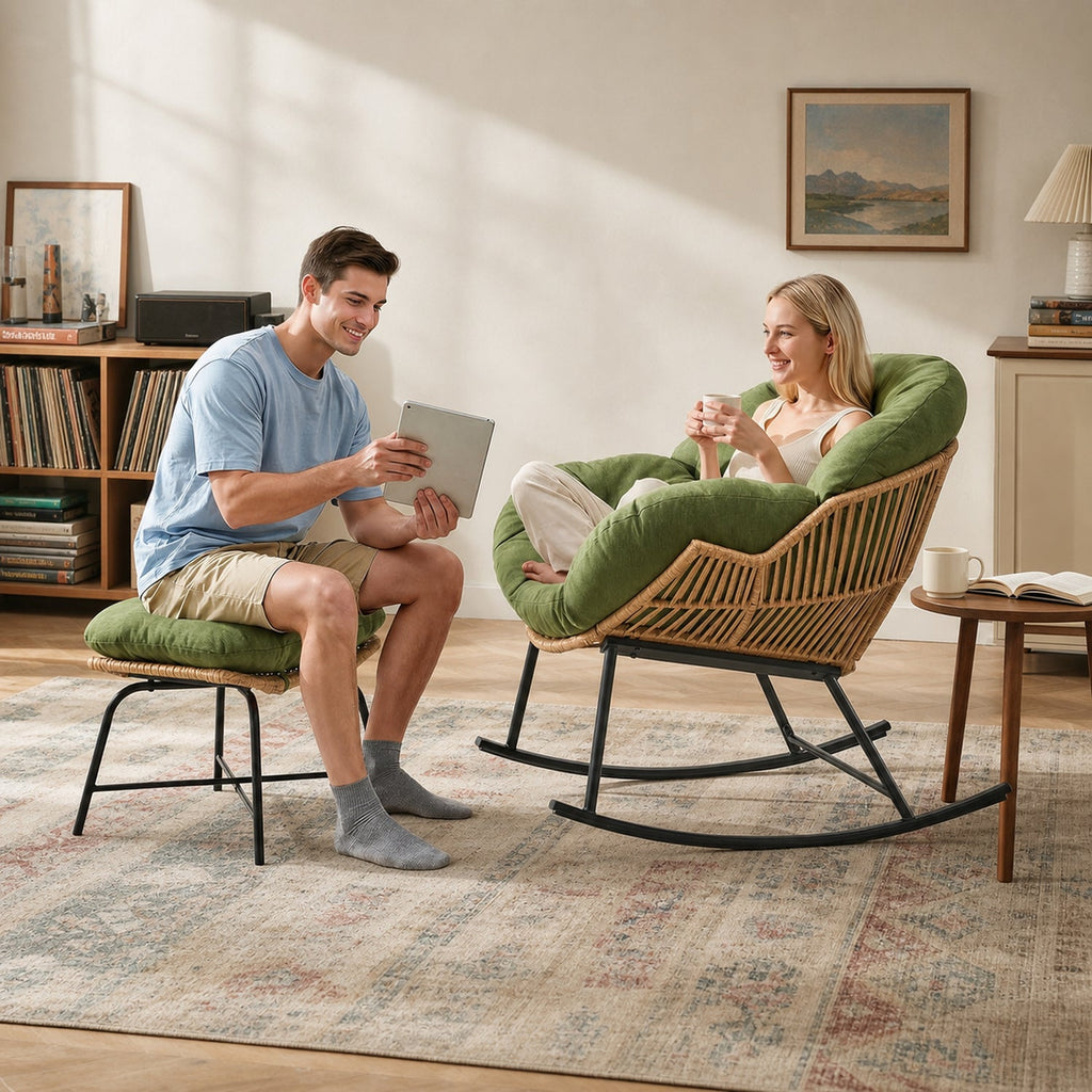 Papasan Rocking Chair with Ottoman and Padded Cushion