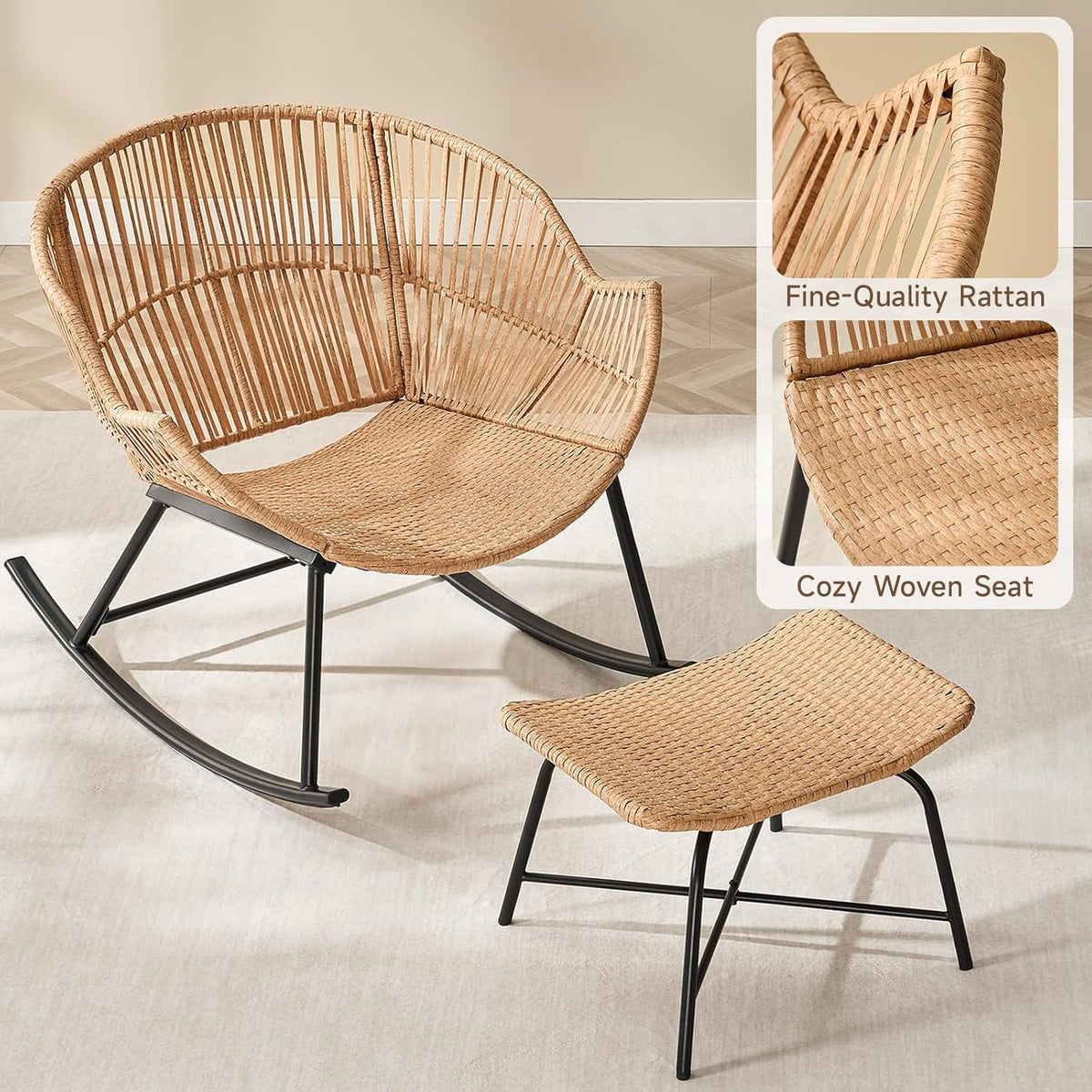 Papasan Rocking Chair with Ottoman and Padded Cushion