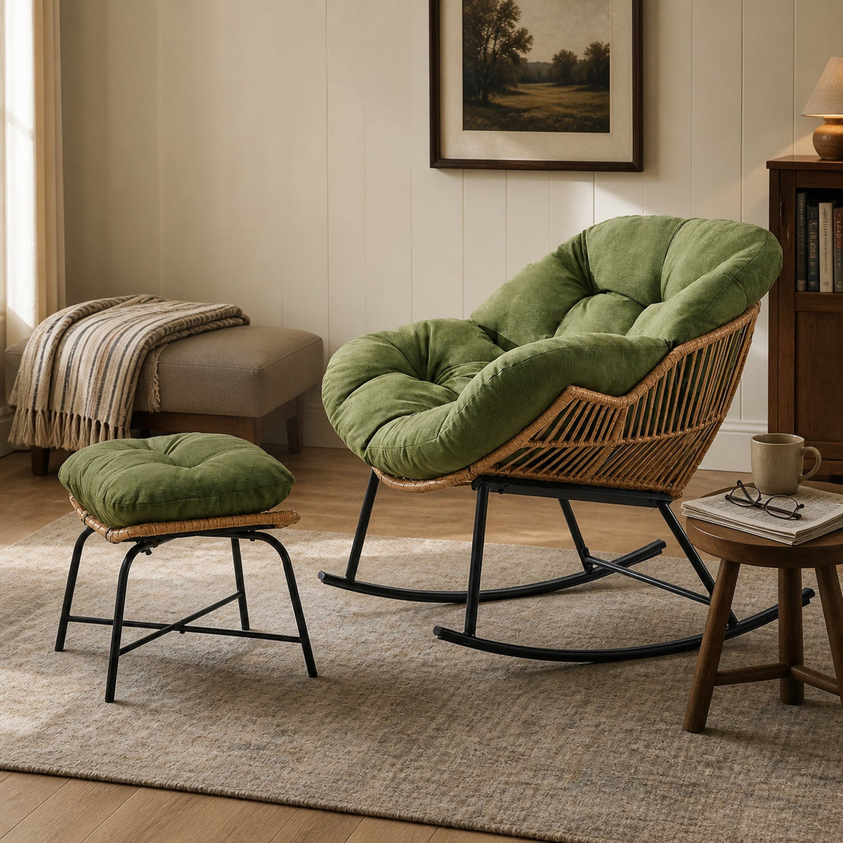 Papasan Rocking Chair with Ottoman and Padded Cushion