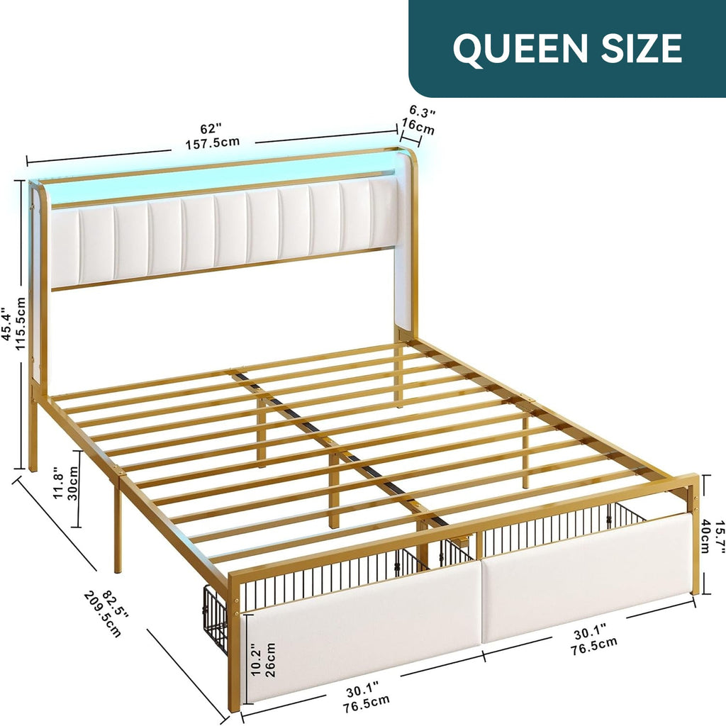 Upholstered Bed Frame with RGB Light and Drawers