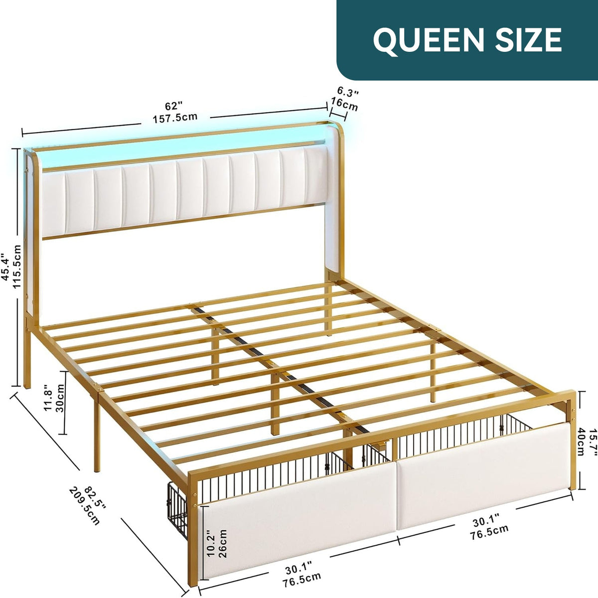 Upholstered Bed Frame with RGB Light and Drawers