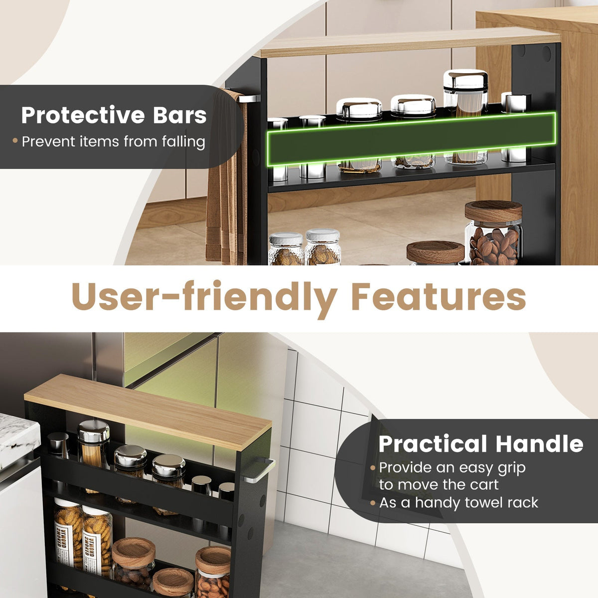 Rolling Slim Kitchen Storage Cart with Handle