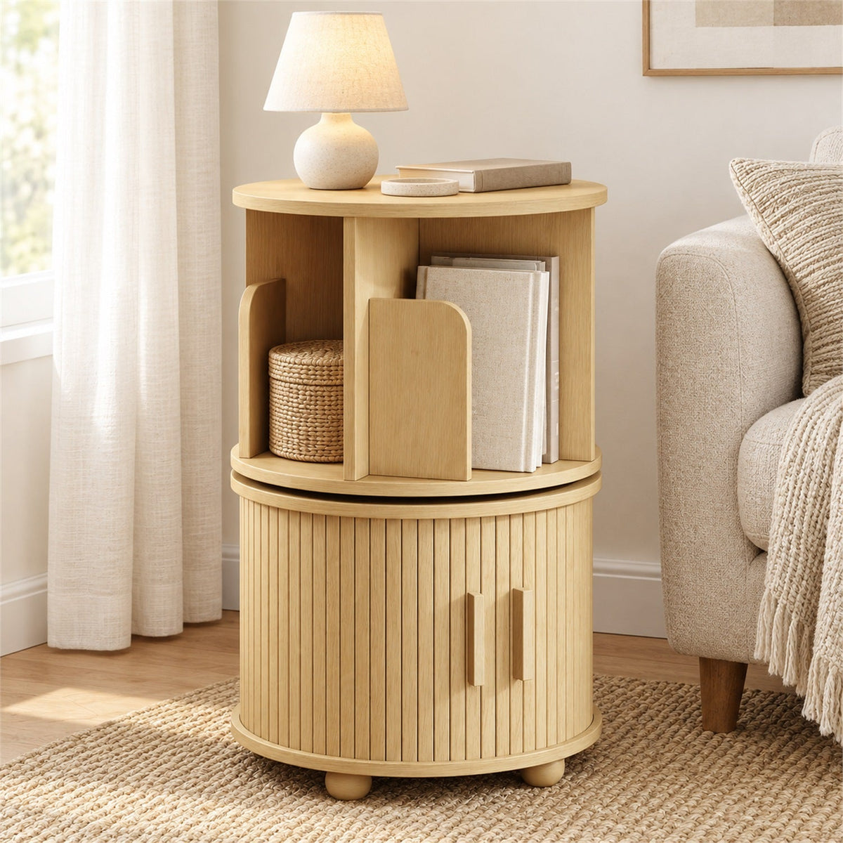 Round Rotating End Table with Storage, Mid-Century