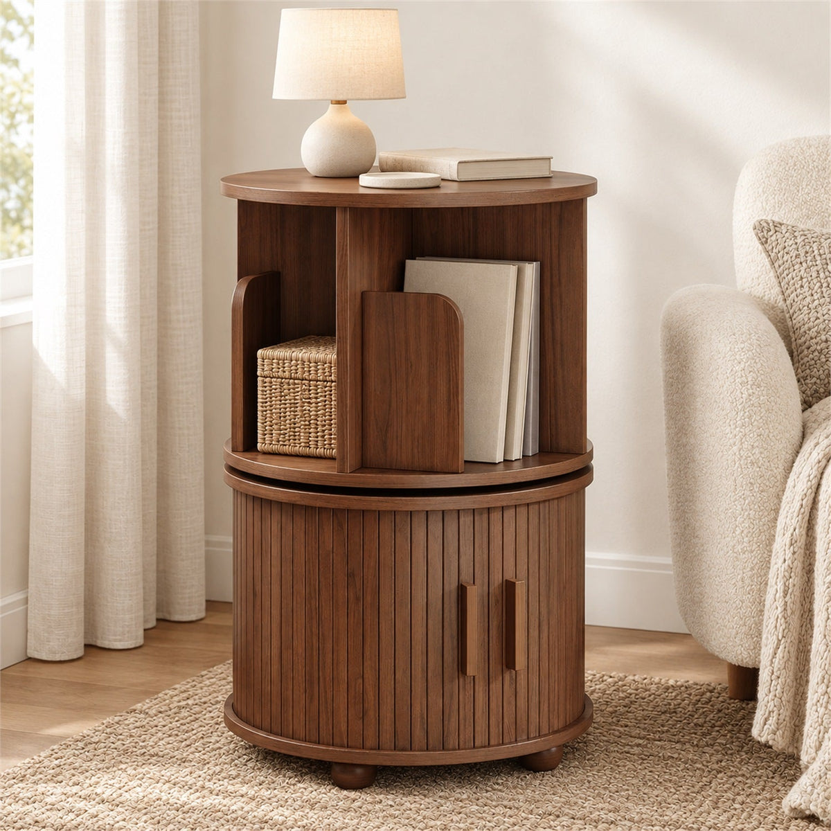 Round Rotating End Table with Storage, Mid-Century