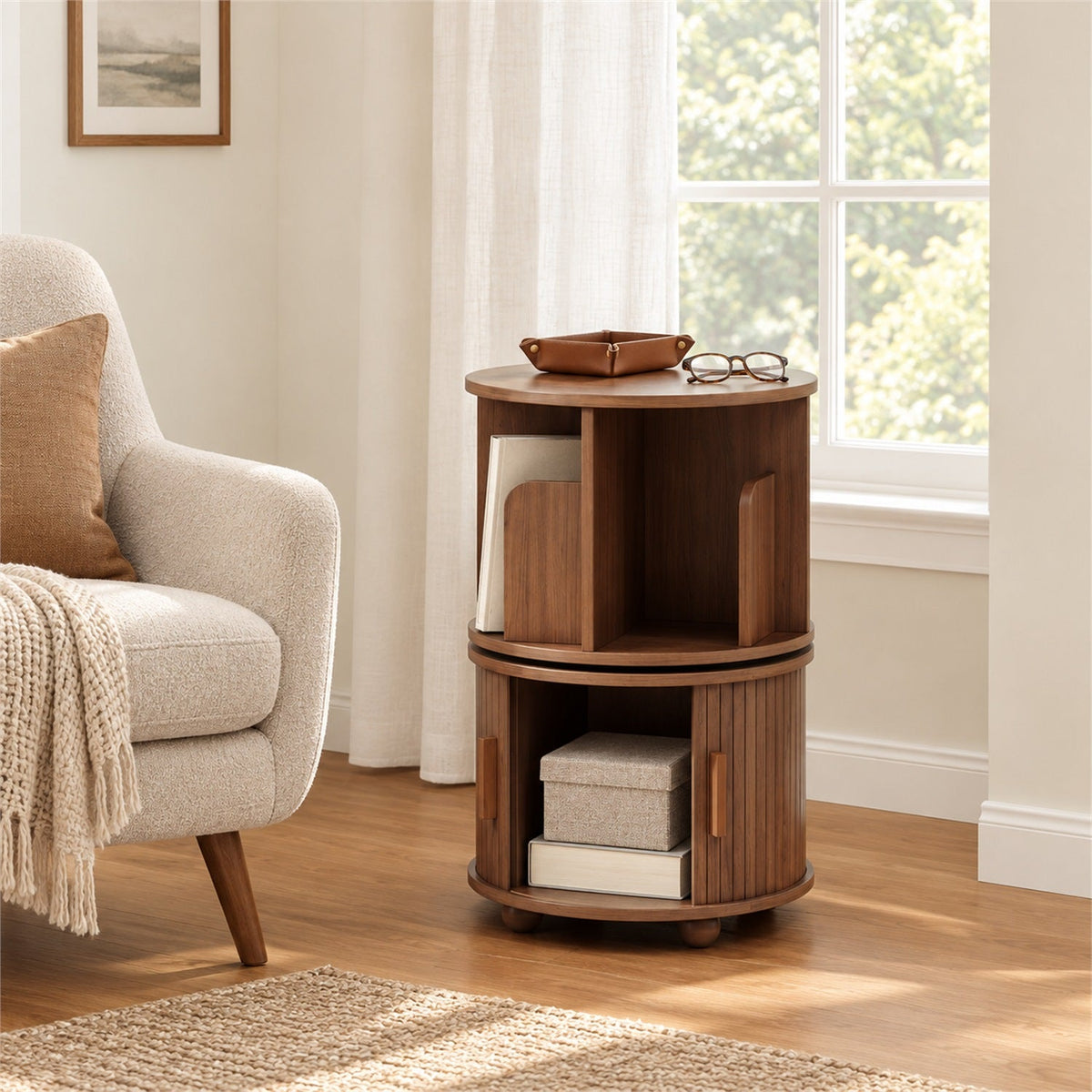Round Rotating End Table with Storage, Mid-Century