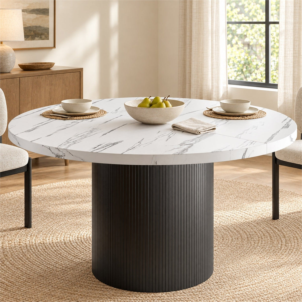 47 in Round Fluted Dining Table with Wood Strip Base