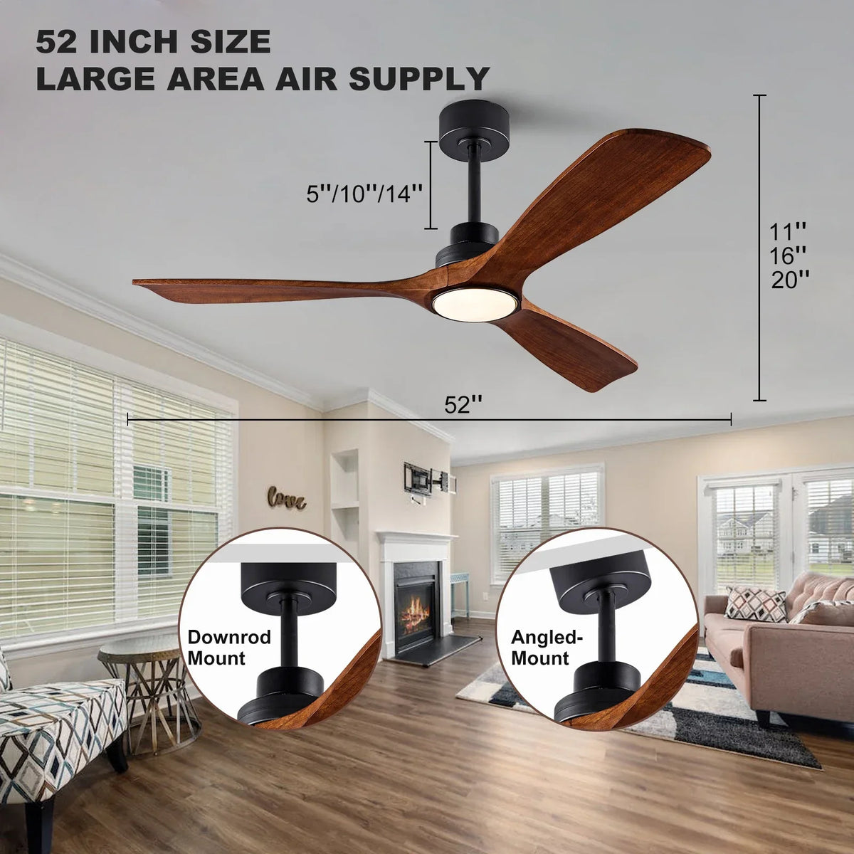 Wood Ceiling Fan with Lights and Remote, 42 52 60 Inch