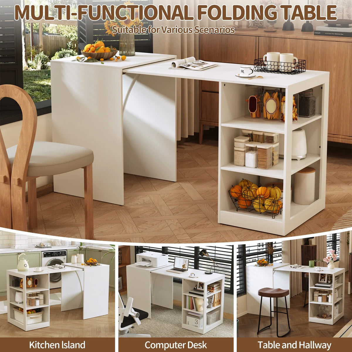 58 Inch White Office Desk with Pull-Out Table