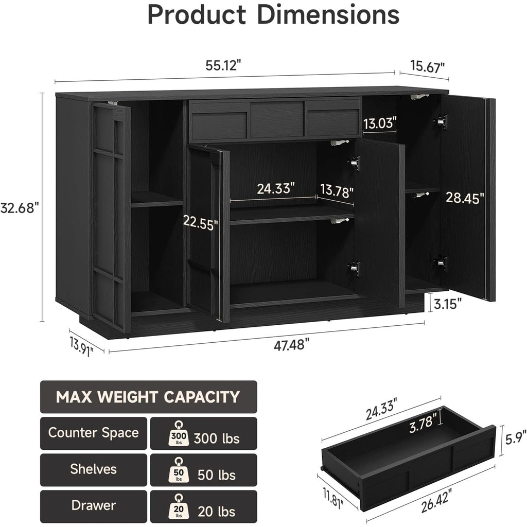 55-Inch Sideboard Buffet with Drawer and Built-In Lights