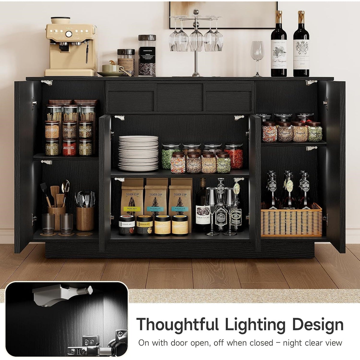 55-Inch Sideboard Buffet with Drawer and Built-In Lights