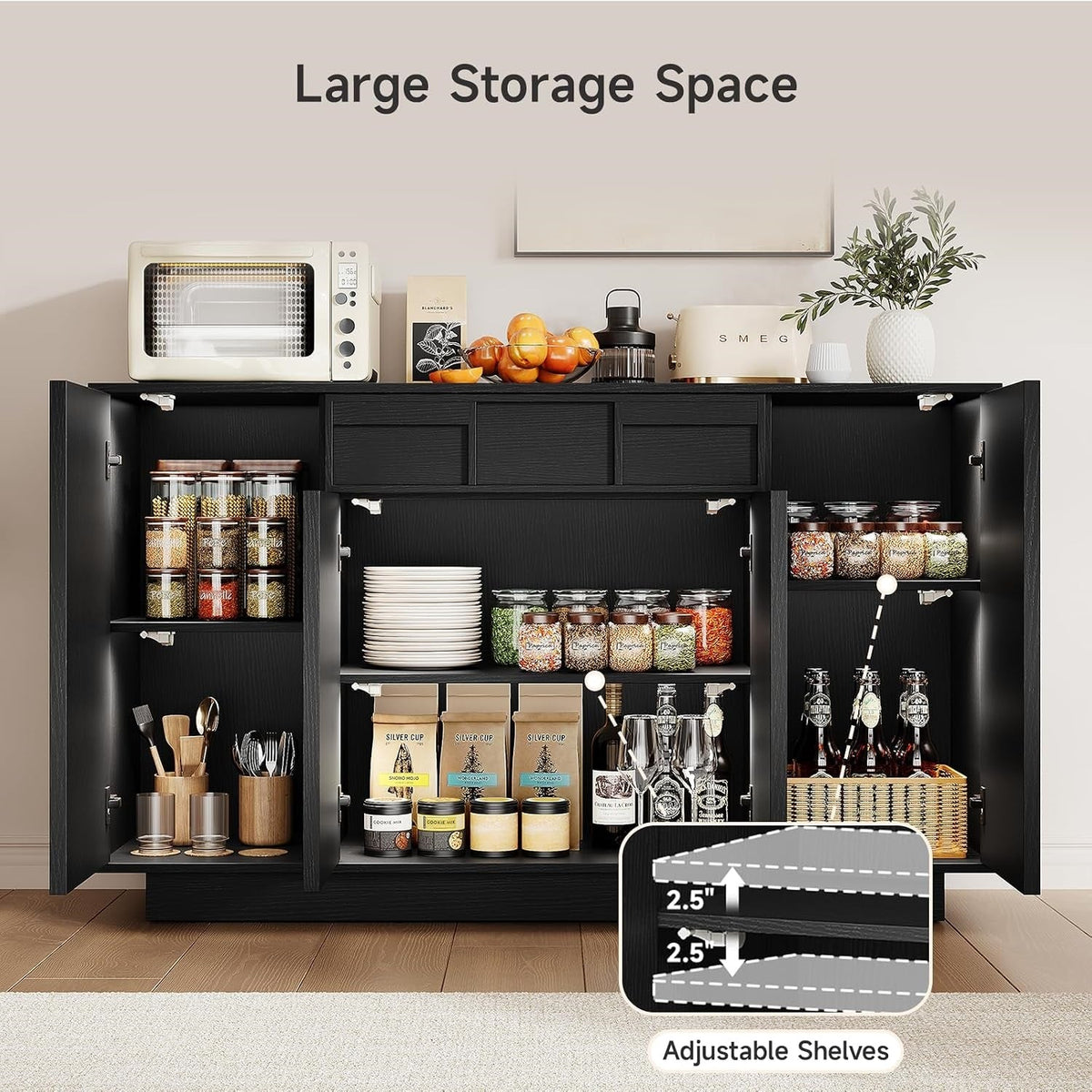 55-Inch Sideboard Buffet with Drawer and Built-In Lights