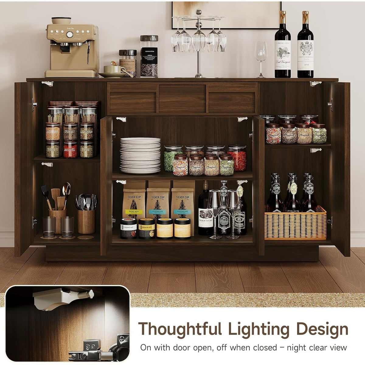 55-Inch Sideboard Buffet with Drawer and Built-In Lights