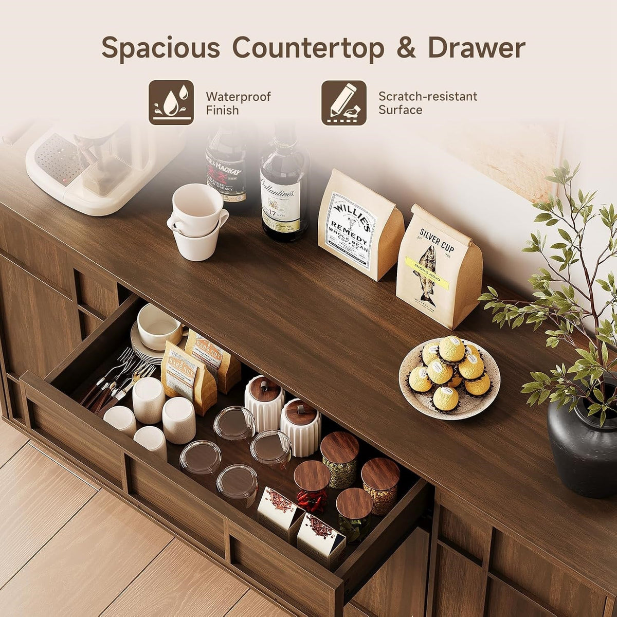 55-Inch Sideboard Buffet with Drawer and Built-In Lights