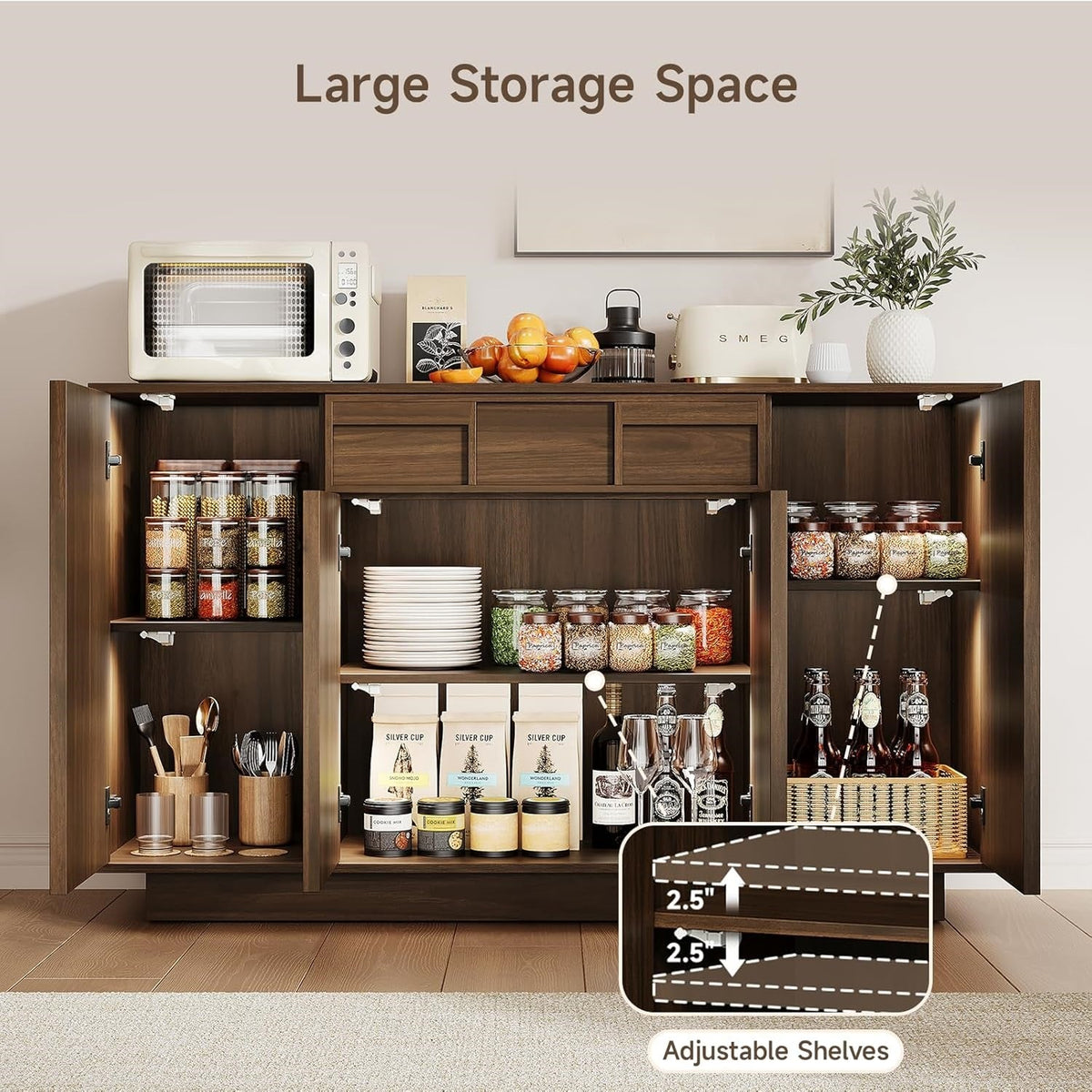 55-Inch Sideboard Buffet with Drawer and Built-In Lights