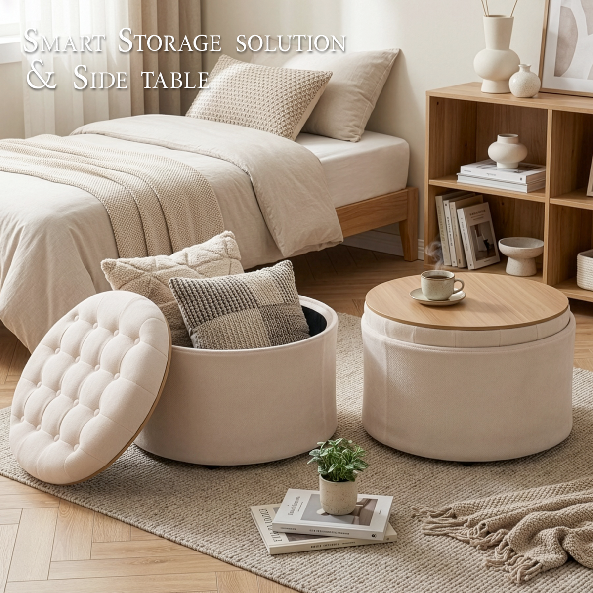 25 Inch Round Storage Ottoman Coffee Table with Tray