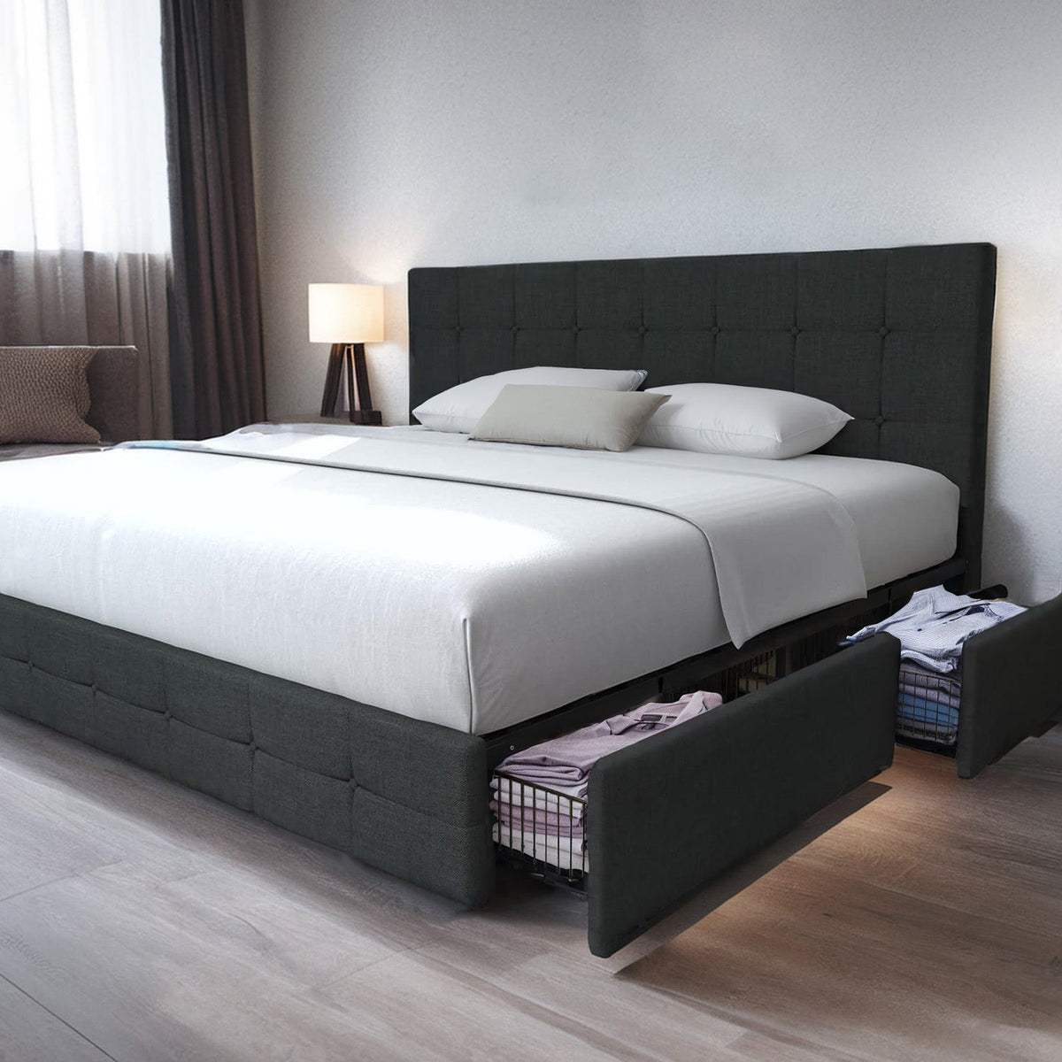 Upholstered Bed Frame with 4 Drawers and Headboard