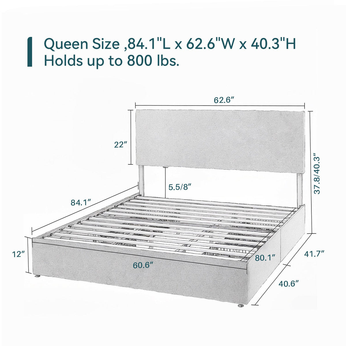 Upholstered Bed Frame with 4 Drawers and Headboard