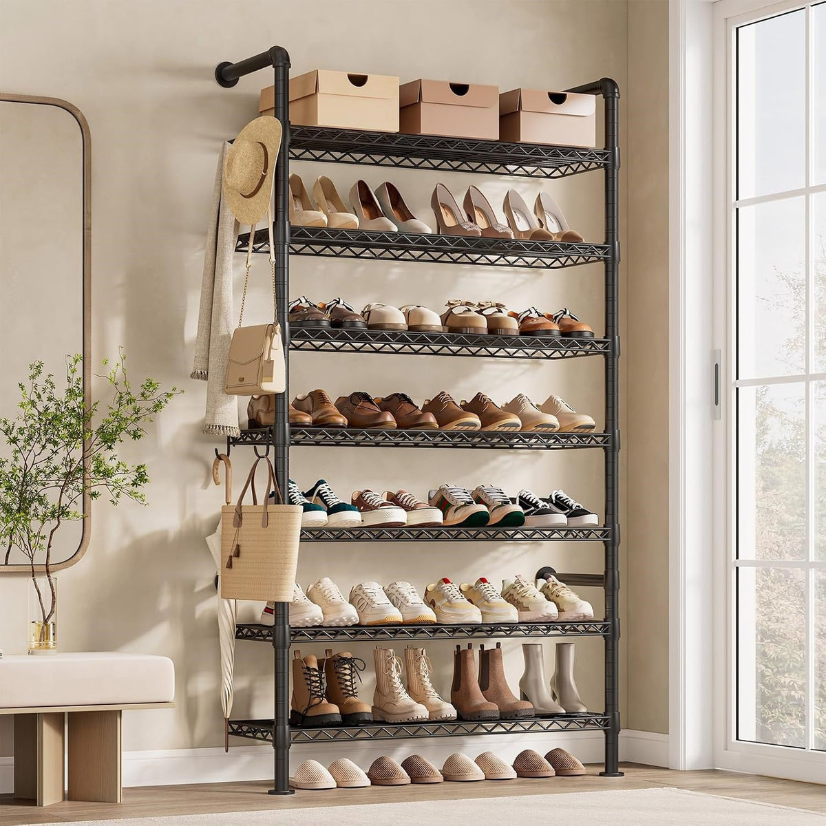 Wall Mounted Shoe Rack with 4 Hooks, 75 Inch Tall