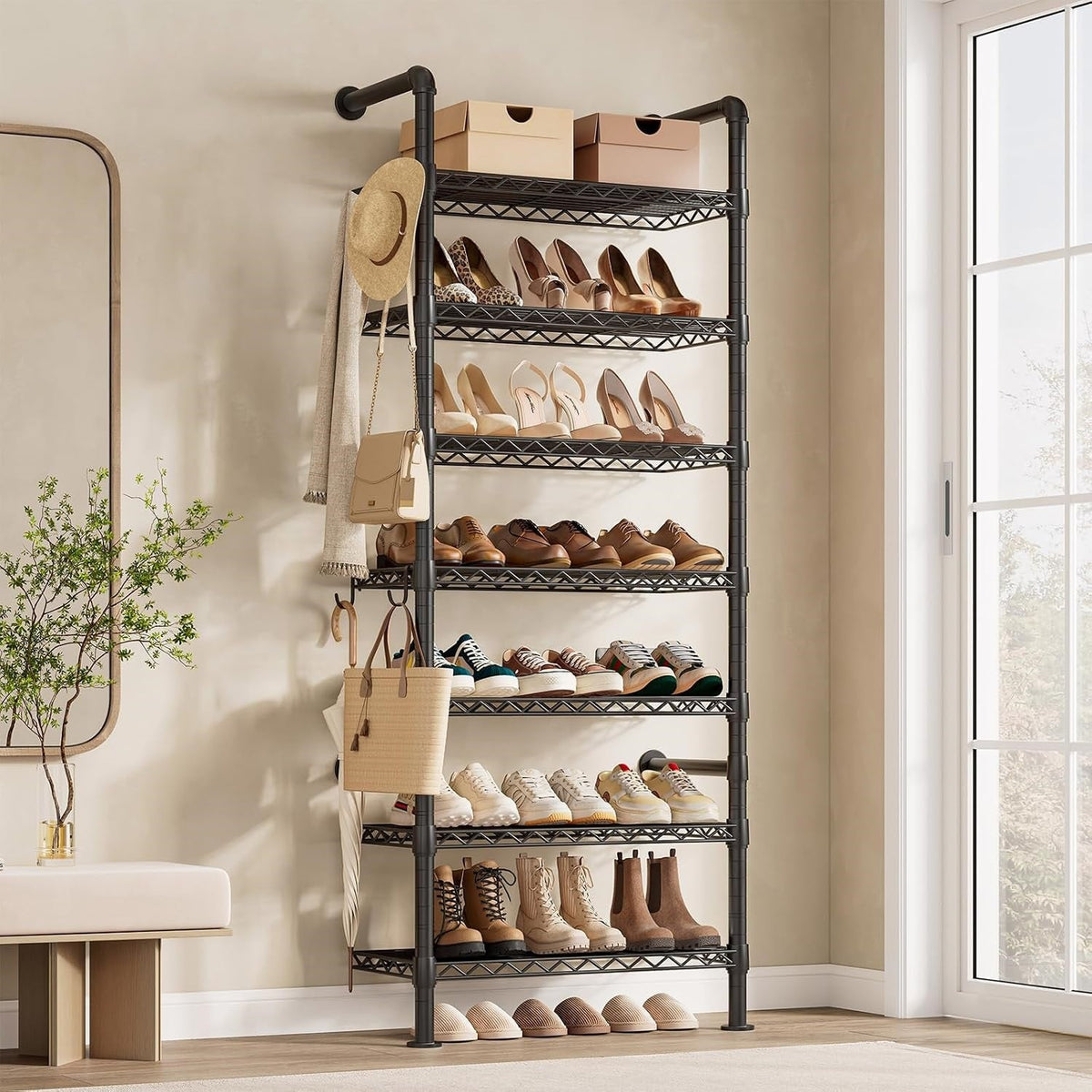 Wall Mounted Shoe Rack with 4 Hooks, 75 Inch Tall