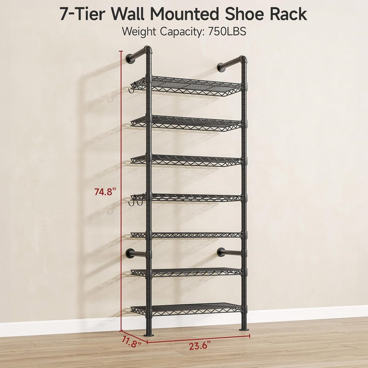 Wall Mounted Shoe Rack with 4 Hooks, 75 Inch Tall