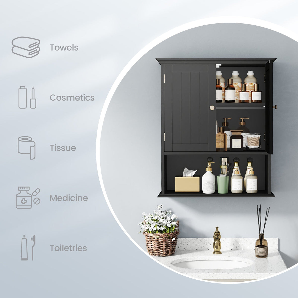 Wall-Mount Bathroom Cabinet with Doors and Shelves