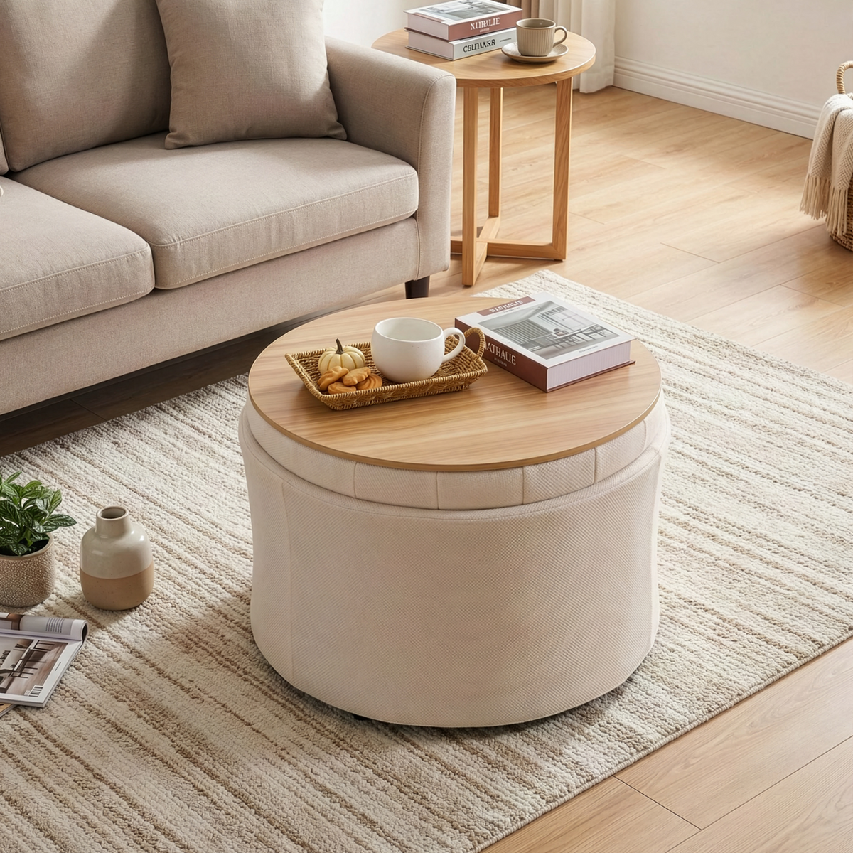 25 Inch Round Storage Ottoman Coffee Table with Tray
