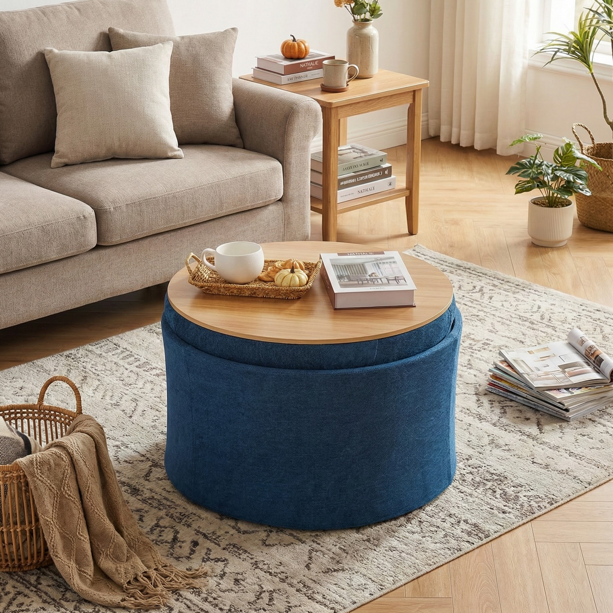 25 Inch Round Storage Ottoman Coffee Table with Tray