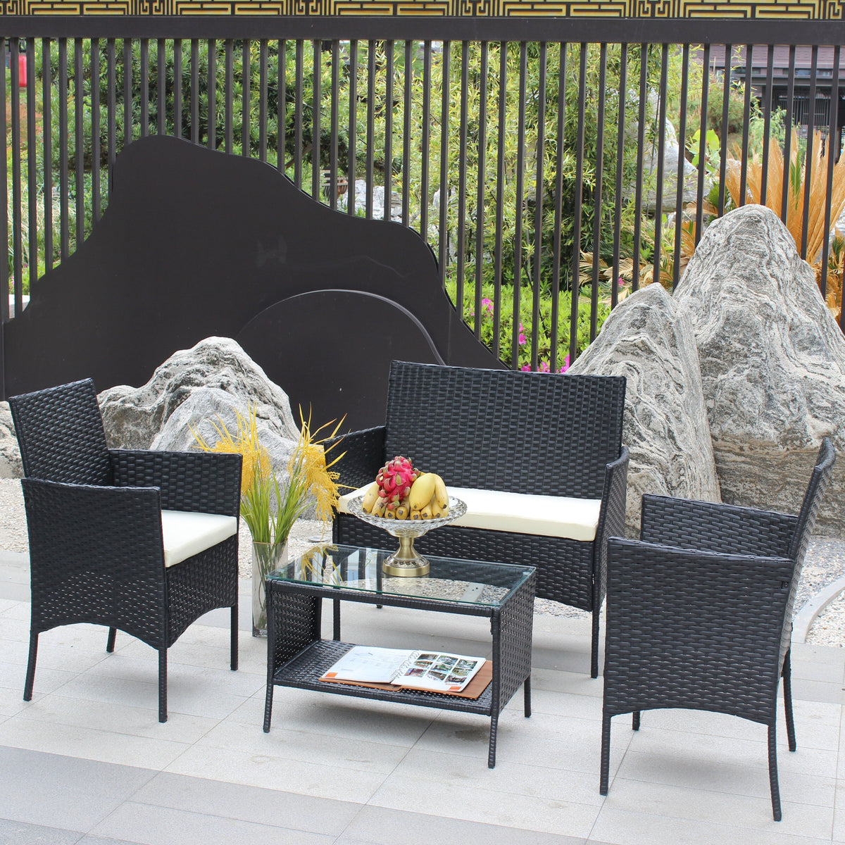 4-Piece Rattan Patio Furniture Set with Cushions