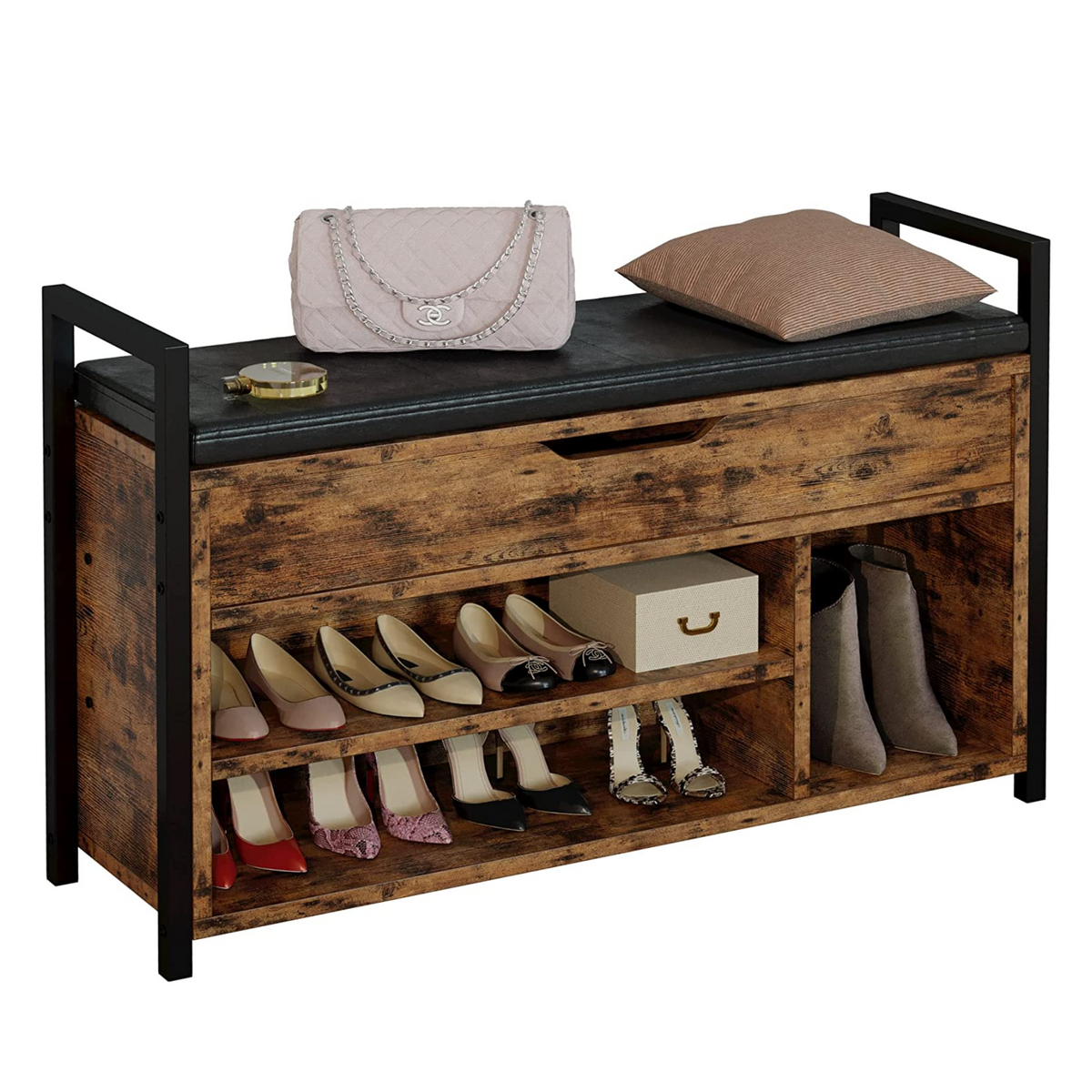 Shoe Storage Bench with 2-Tier Rack and Storage Box