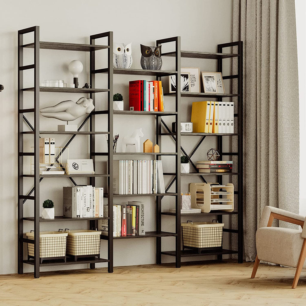 Triple Wide 6-Tier Industrial Bookshelf with Metal Frame