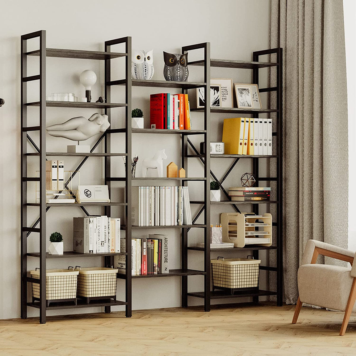 Triple Wide 6-Tier Industrial Bookshelf with Metal Frame