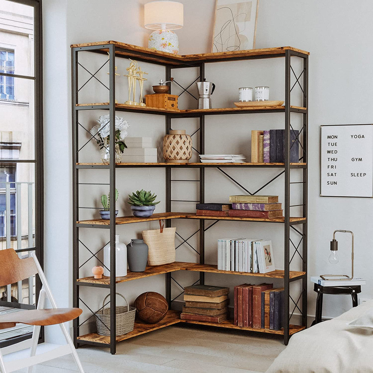 Corner Bookshelf 5 or 6 Tier Industrial Bookcase